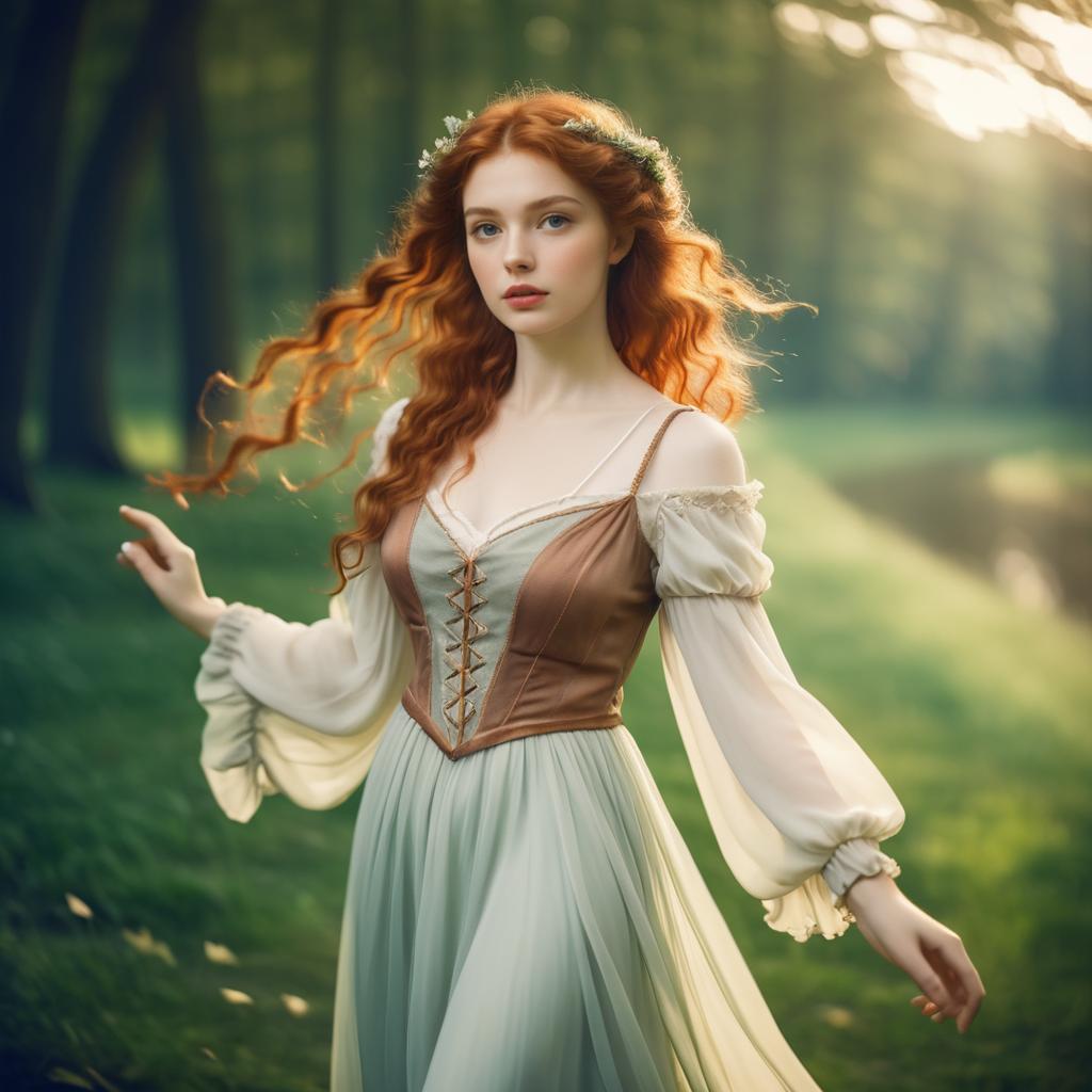 Young Woman in Vintage Gown in Enchanted Forest