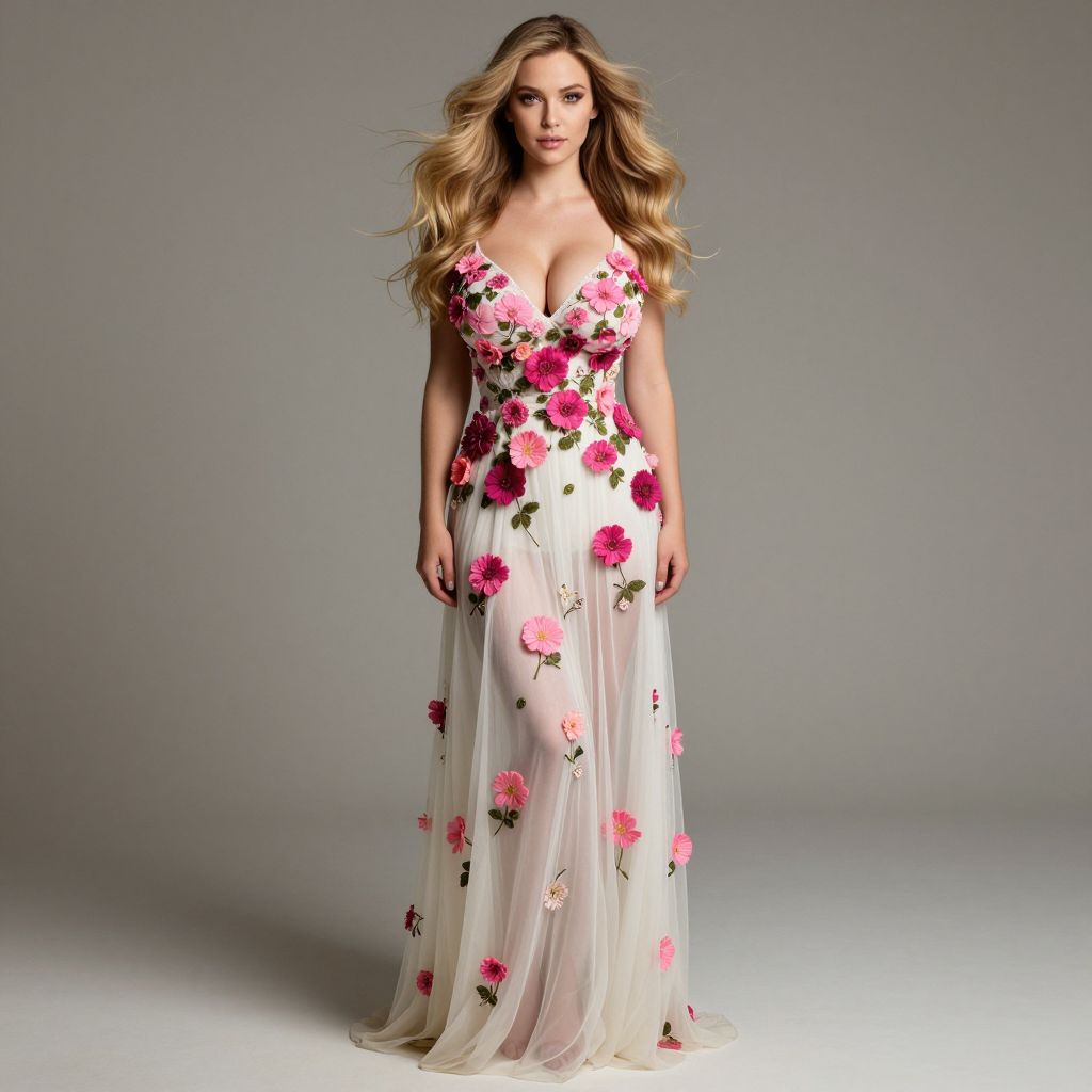 Elegant Woman Wearing Floral Applique Sheer Evening Gown