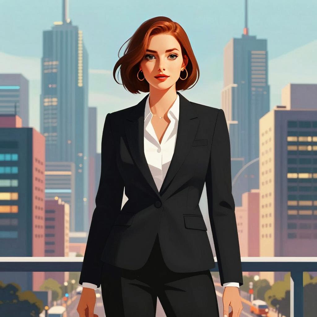 Confident Young Woman in Black Suit with Urban City Background Digital Illustration