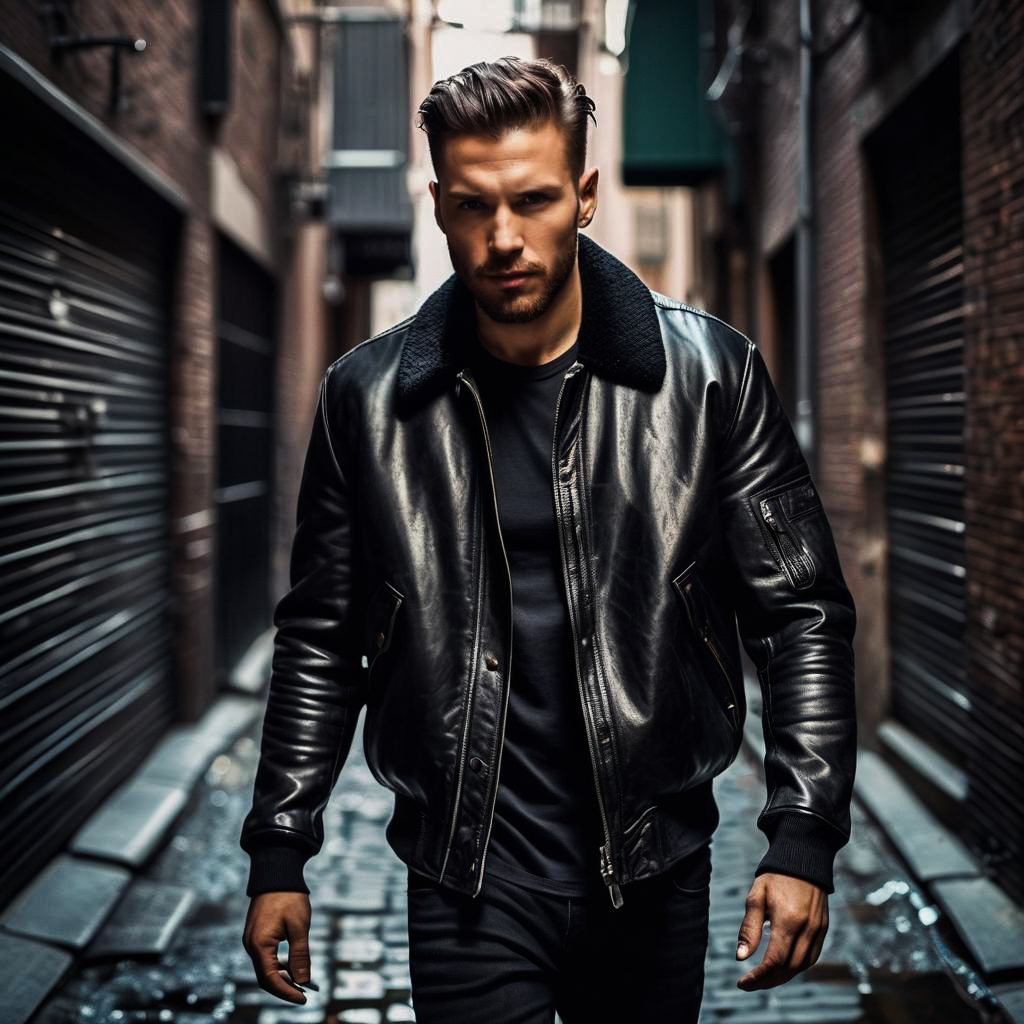 Confident Man in Urban Alleyway - Stylish Leather Jacket