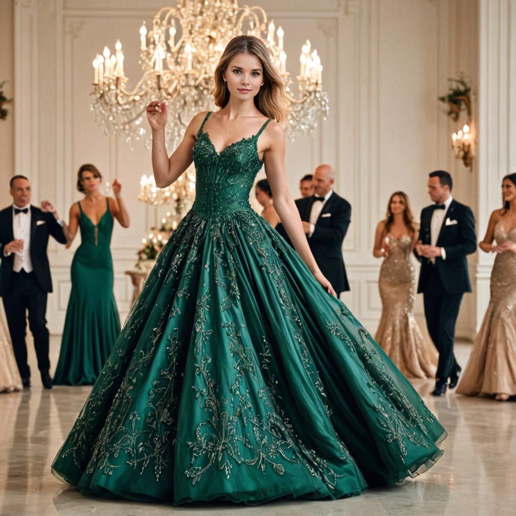 Woman in Green Ball Gown in Elegant Ballroom