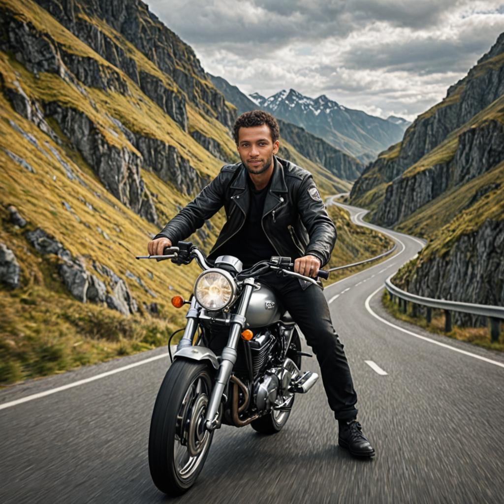 Man on Classic Motorcycle in Mountain Landscape