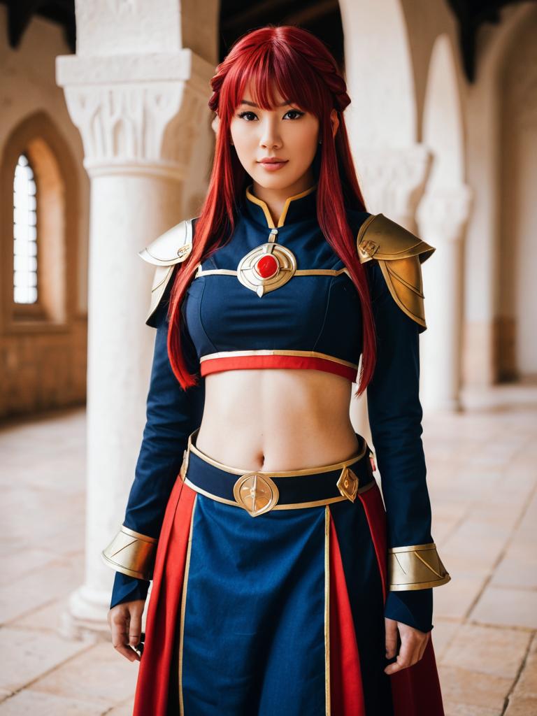 Realistic Hapi Cosplay from Fire Emblem with Red Hair and Armor Costume