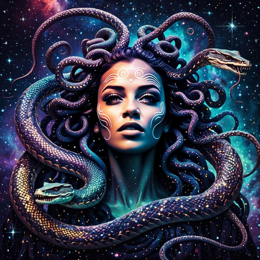 Fantasy Woman with Serpent Hair and Cosmic Background Digital Art
