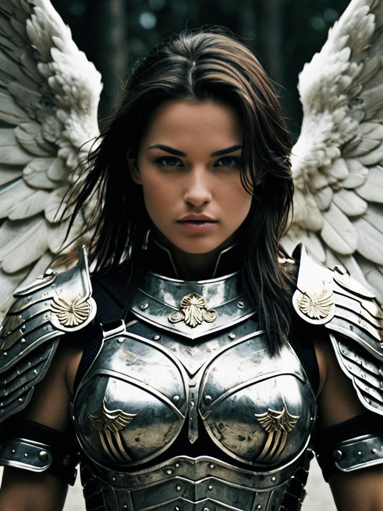 Fierce Female Warrior Angel in Silver Armor with Majestic Wings