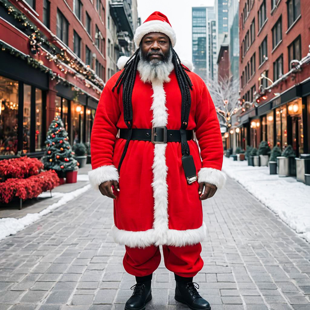 African American Man in Santa Claus Costume in Festive City Street