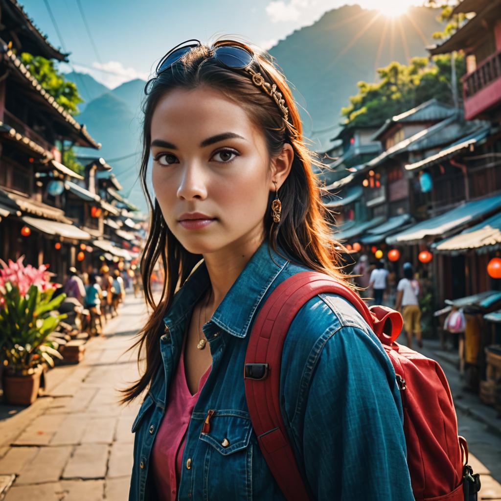 Stylish woman with red backpack in lantern-adorned village