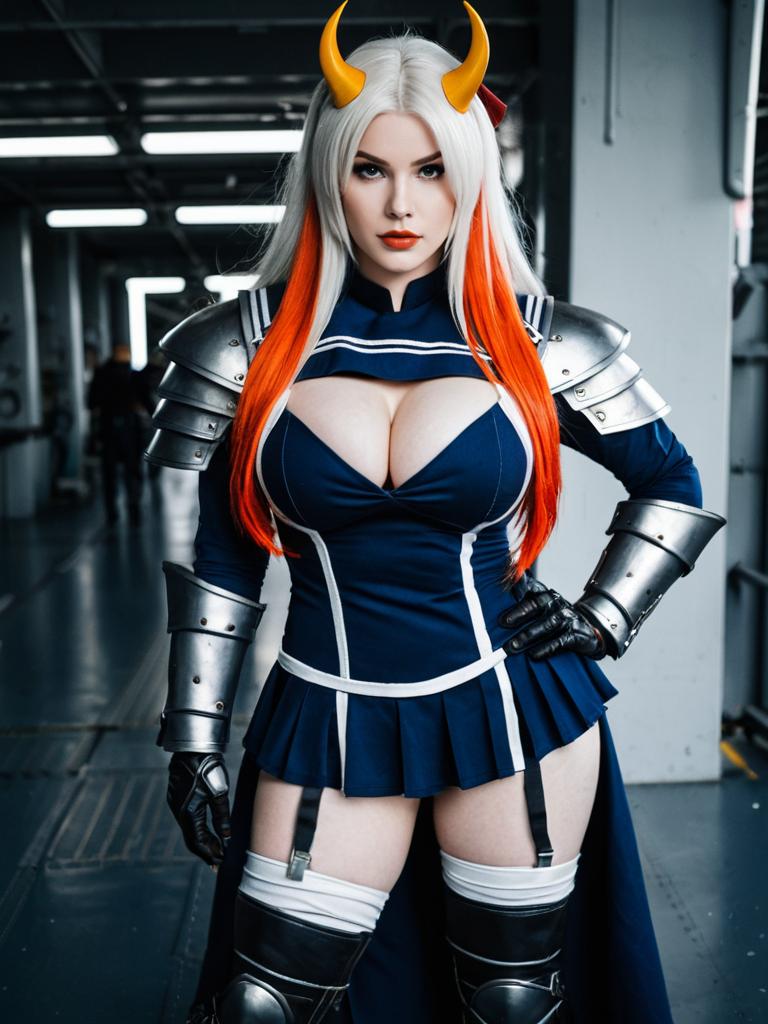 Fantasy Warrior Cosplay with Orange Horns and Armor on Aircraft Carrier