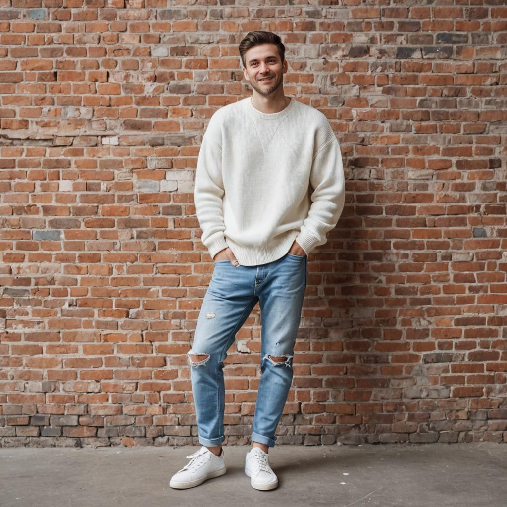 Casual man with a smile against a brick wall