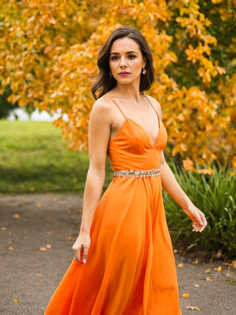 Elegant Woman in Orange Gown Amid Autumn Foliage