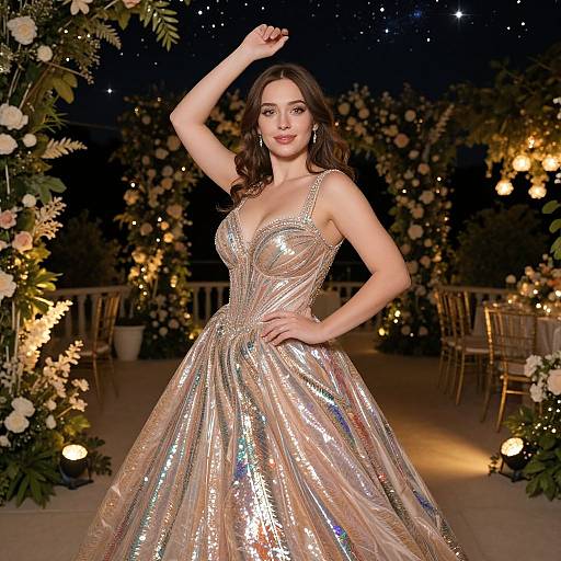 Glamorous Woman in Shimmering Evening Gown at Outdoor Floral Event