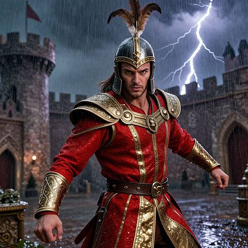 Medieval Warrior in Red and Gold Armor with Lightning Storm Background