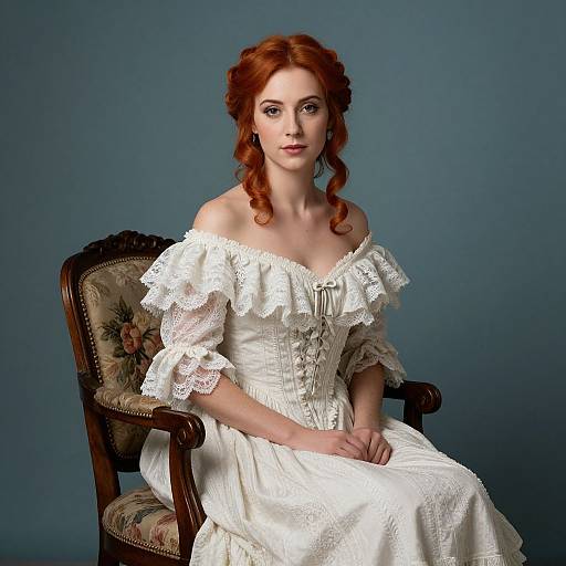 Red-haired Woman in Victorian White Dress Sitting on Vintage Chair