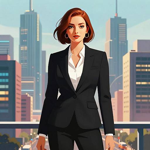 Confident Young Woman in Black Suit with Urban City Background Digital Illustration