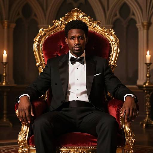 Confident Man in Black Tuxedo Sitting on Ornate Throne Chair