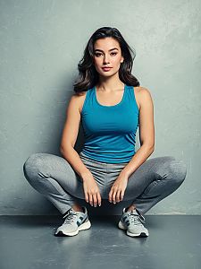 Woman Wearing Blue Sports Shirt and Grey Pants Squatting in Modern Activewear