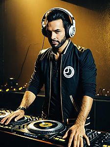 Man Cosplay Wearing Deejay Costume with Headphones and DJ Equipment