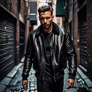 Confident Man in Urban Alleyway - Stylish Leather Jacket