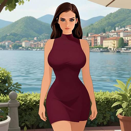 Illustrated Woman in Maroon Dress by Lakeside with Town and Mountains Background