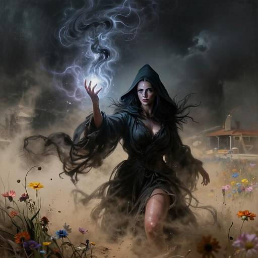 Fantasy Sorceress Summoning Magic in Dark Mystical Landscape