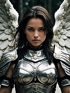 Fierce Female Warrior Angel in Silver Armor with Majestic Wings