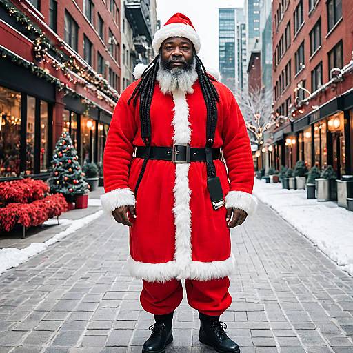 African American Man in Santa Claus Costume in Festive City Street