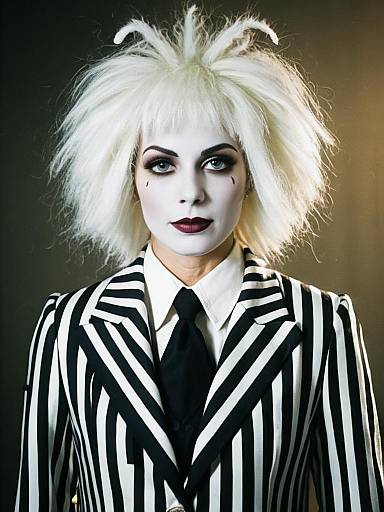 Woman in Beetlejuice Wig and Black and White Striped Suit Costume