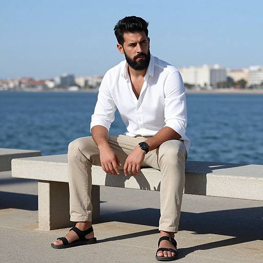 Bearded Man Sitting by Waterfront in Casual Summer Outfit