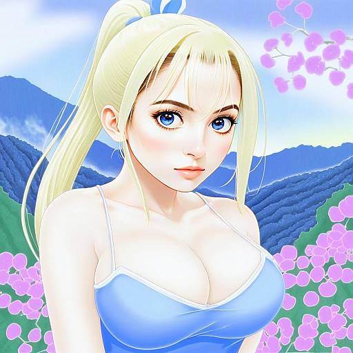 Anime Woman with Blonde Hair and Blue Mountain Landscape
