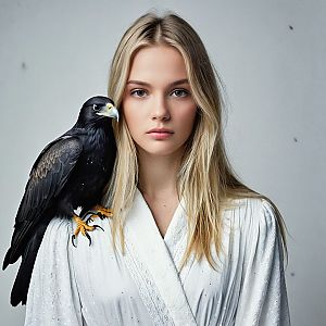 Young Woman with Blonde Hair and Black Bird