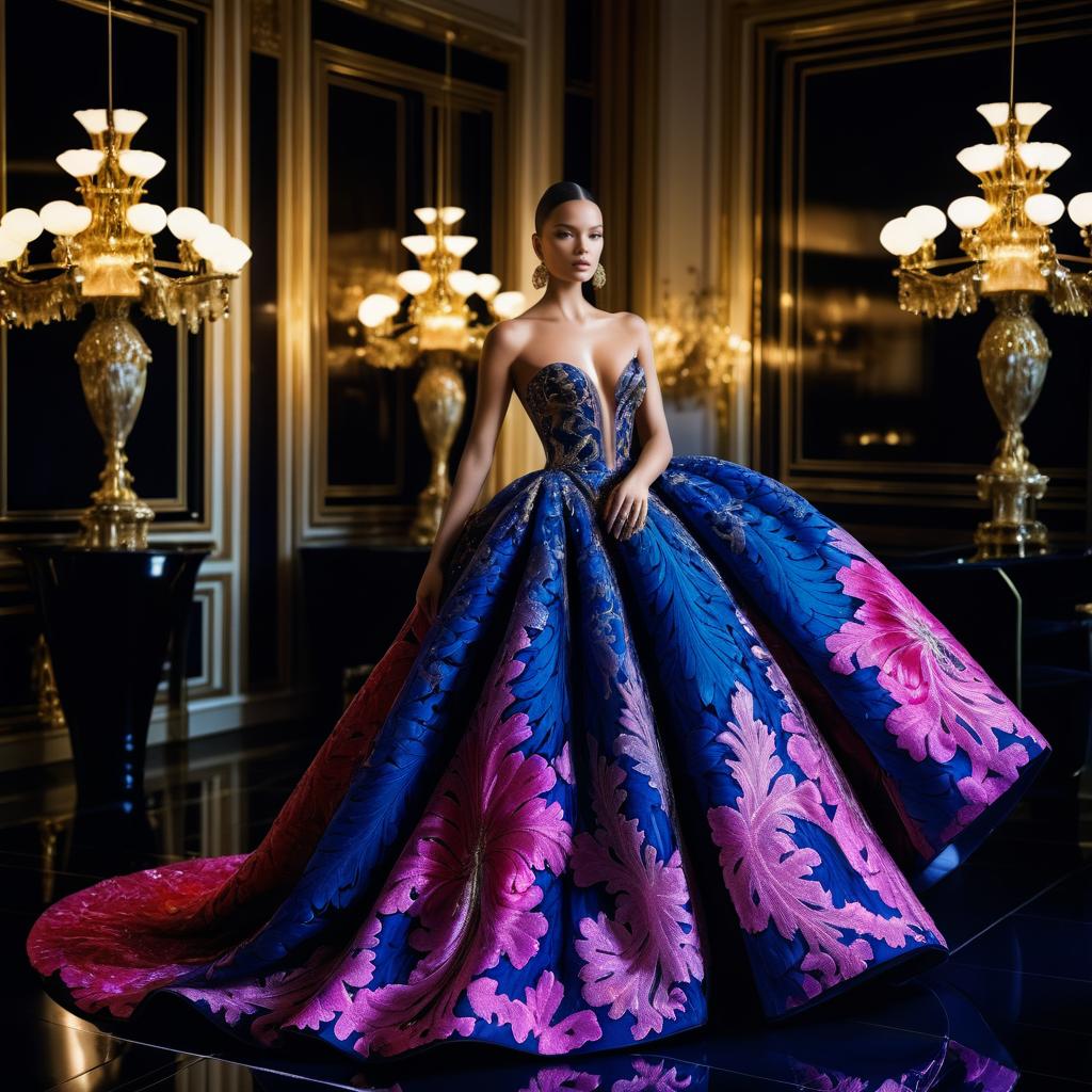 Elegant model in lavish blue and pink floral gown