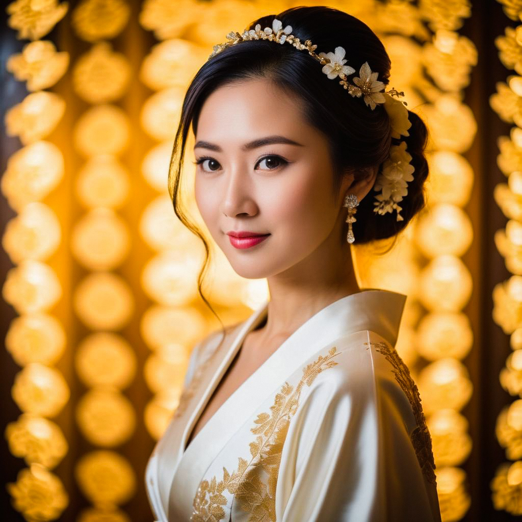 Elegant Woman in Traditional Outfit with Golden Embroidery