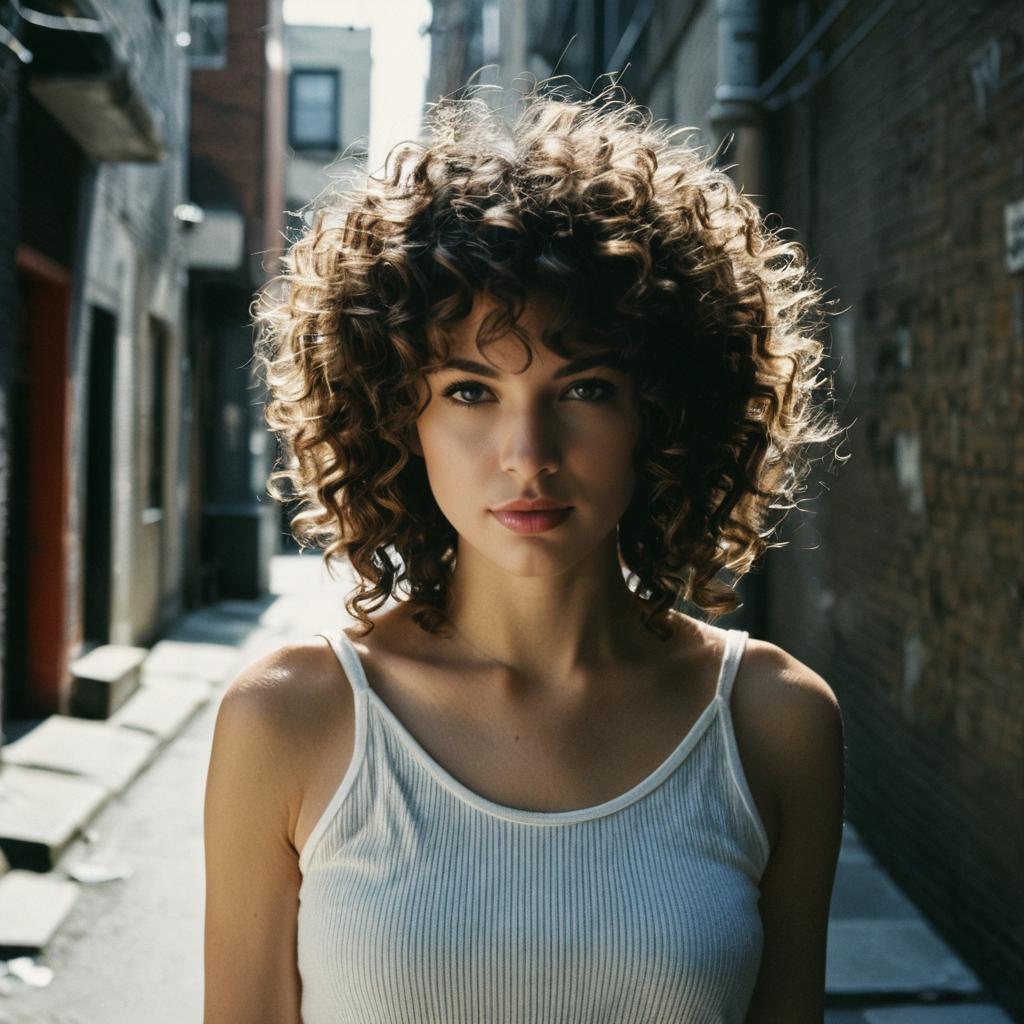 Woman with Curly Hair in Urban Alleyway Natural Light Portrait