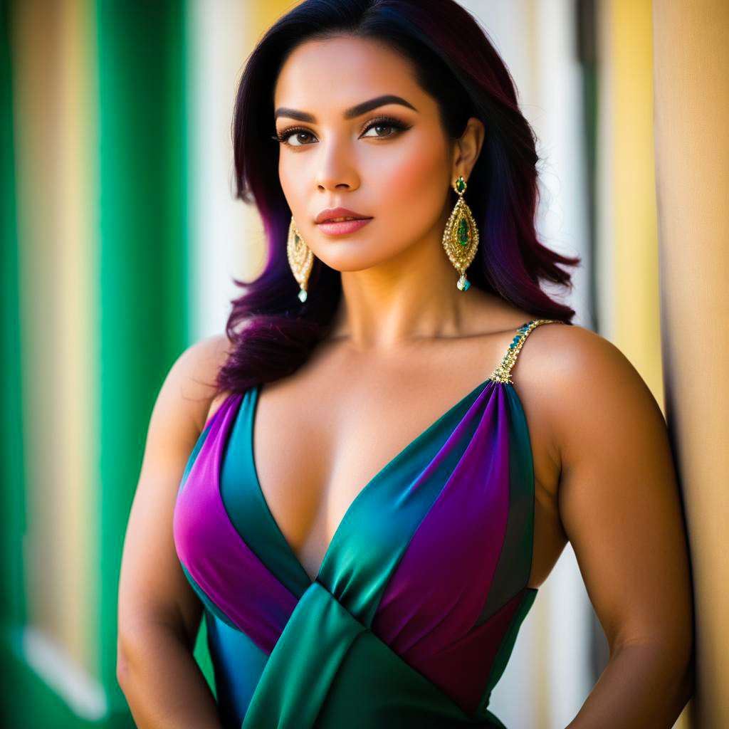 Woman in Vibrant Green and Purple Gown