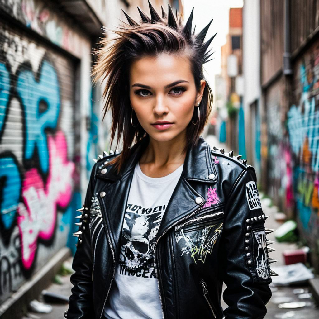 Confident Young Woman in Punk Style in Urban Alley