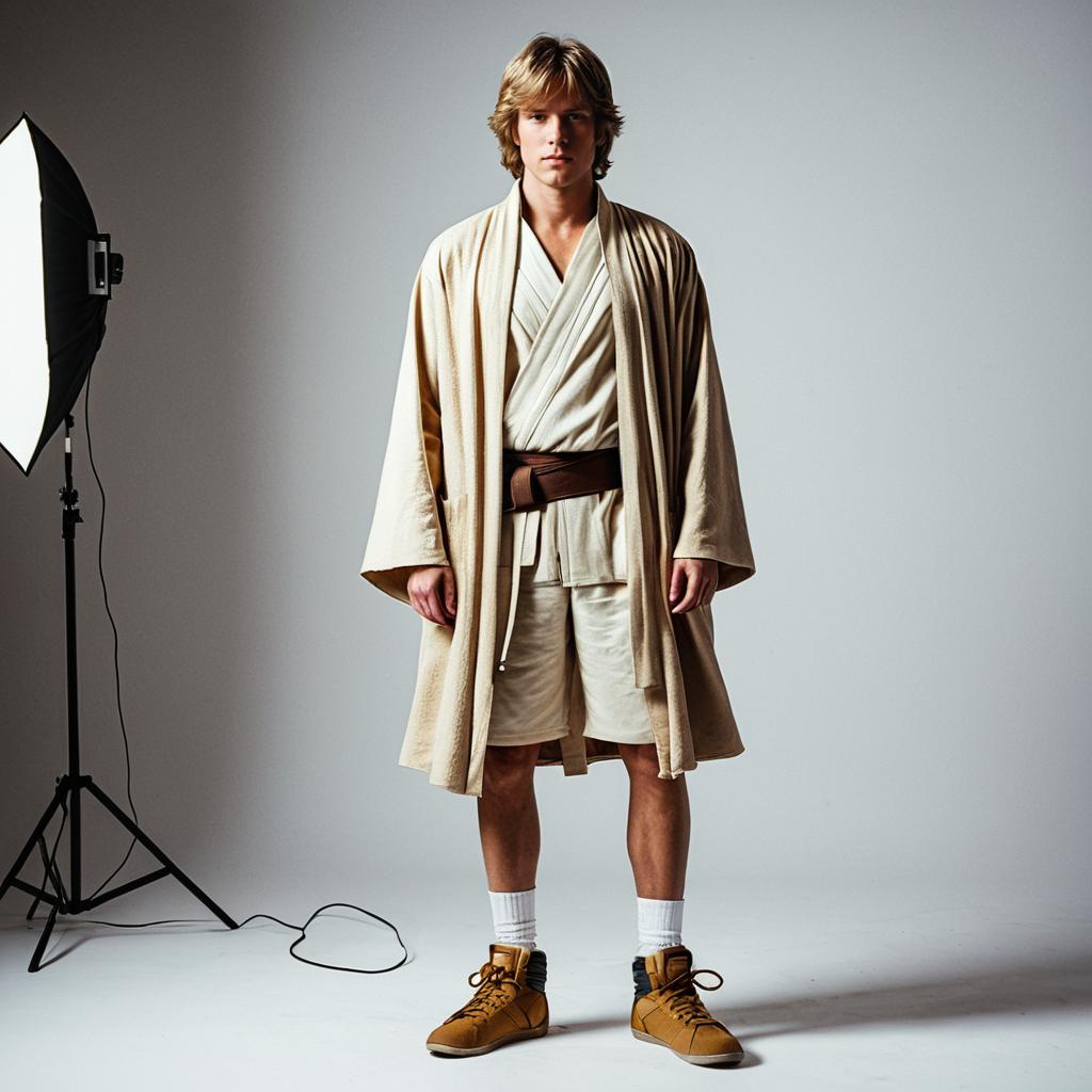 Young Man Wearing Realistic Jedi Robes with Modern Sneakers in Studio