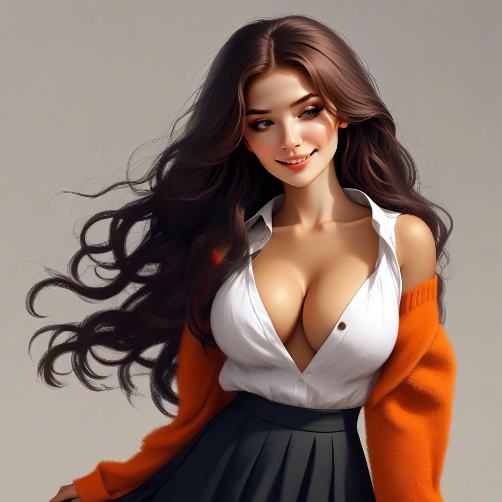 Confident Young Woman in White Blouse and Orange Cardigan Digital Art