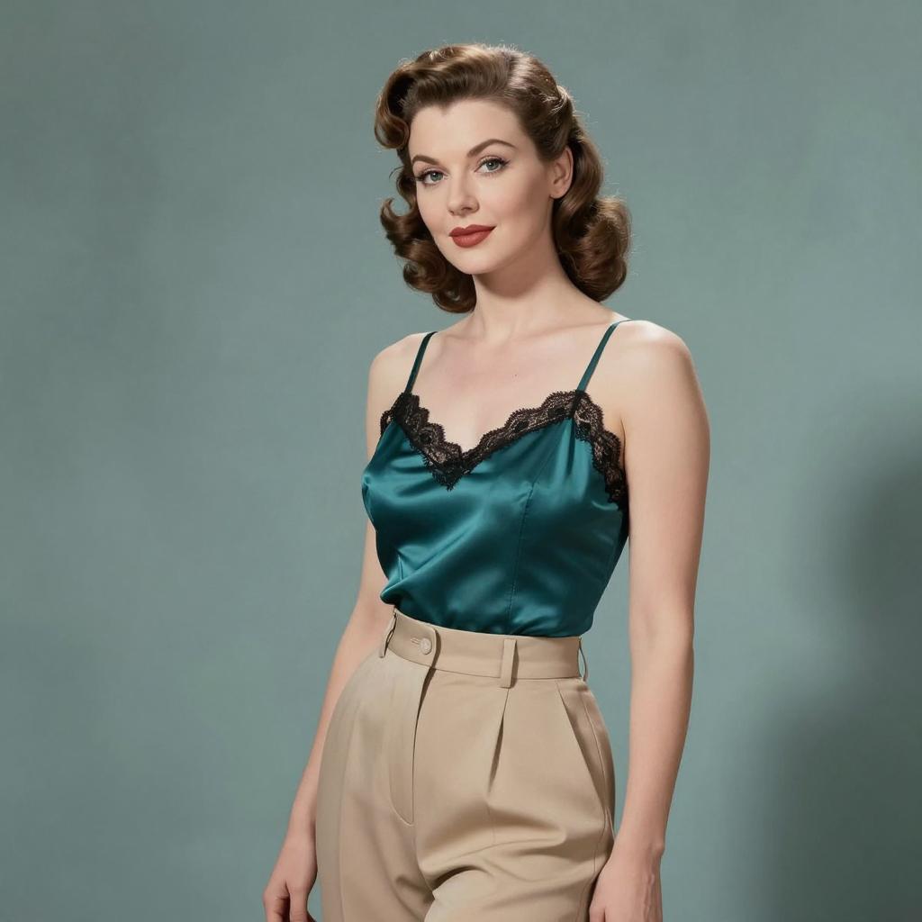 Vintage Style Woman in Teal Satin Camisole and High-Waisted Beige Trousers
