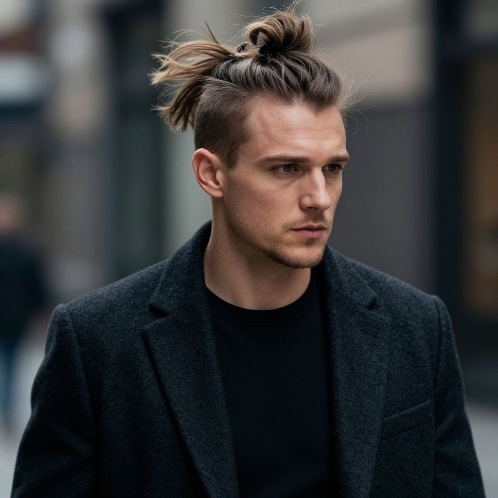 Young Man with Modern Man Bun Wearing Dark Overcoat in Urban Setting