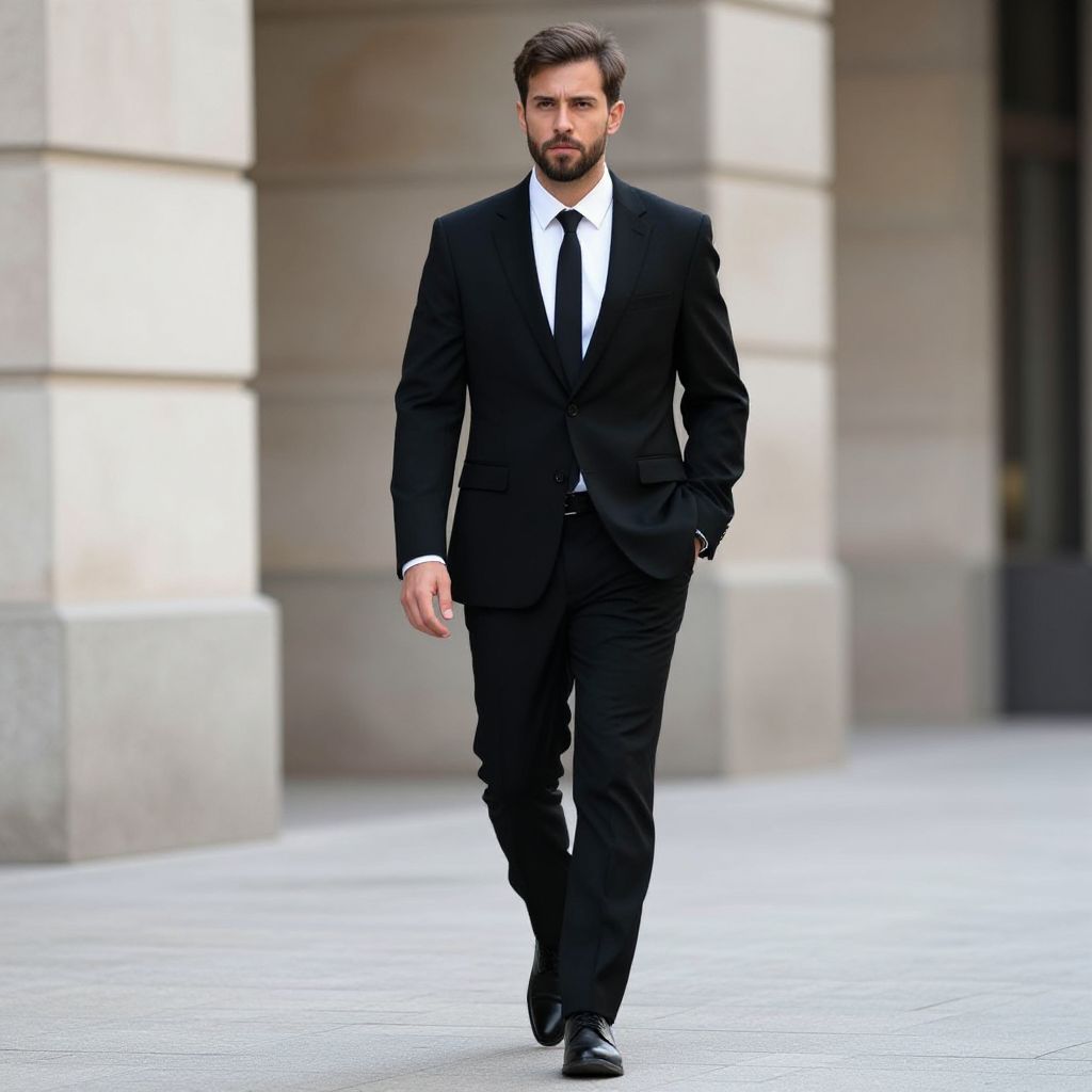 Confident Man Walking in Black Suit Urban Setting