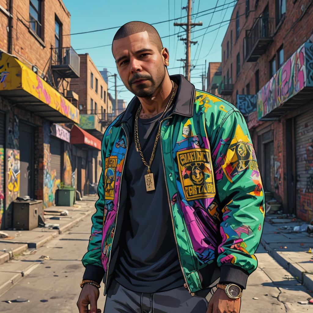 Man in Graffiti Jacket in Urban Setting