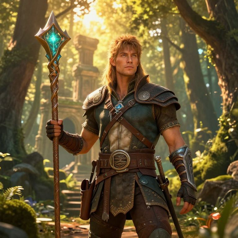 Fantasy Warrior in Forest Holding Magic Staff RPG Style