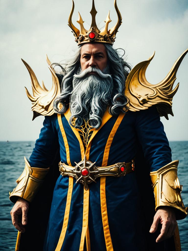 Realistic Deep Sea King Cosplay Man in Elaborate Blue and Gold Costume