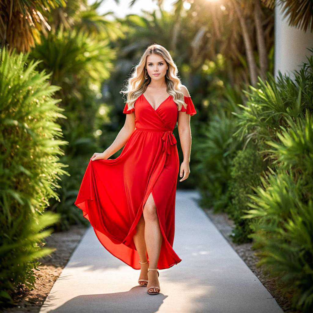 Woman in Red Dress Walking in Lush Greenery