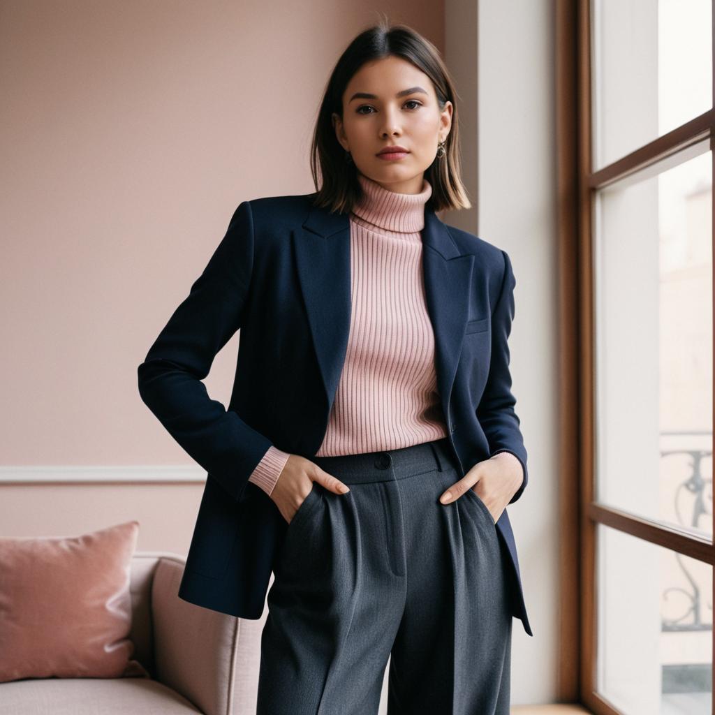 Young Woman in Navy Blazer and Pink Turtleneck Stylish Indoor Portrait