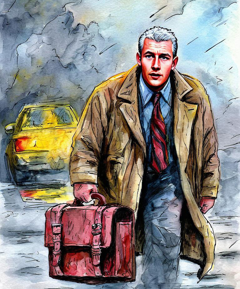 Man in Trench Coat with Briefcase in Urban Setting Man in Trench Coat with Briefcase in Urban Setting