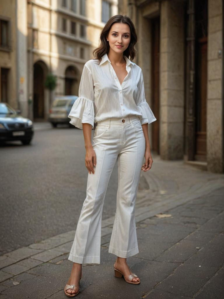 Stylish Woman in White Blouse and Pants on Quaint Street