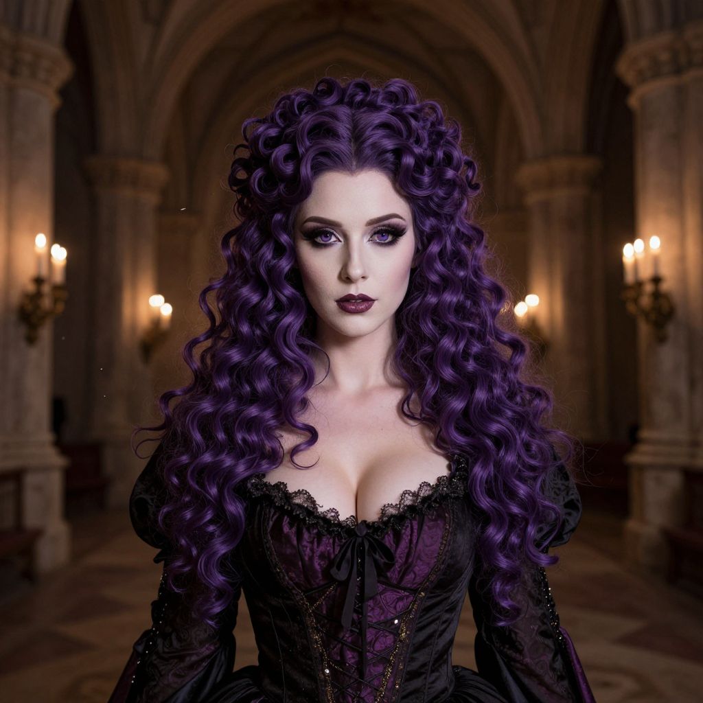 Gothic Woman with Vibrant Purple Curly Hair in Victorian Corset Dress