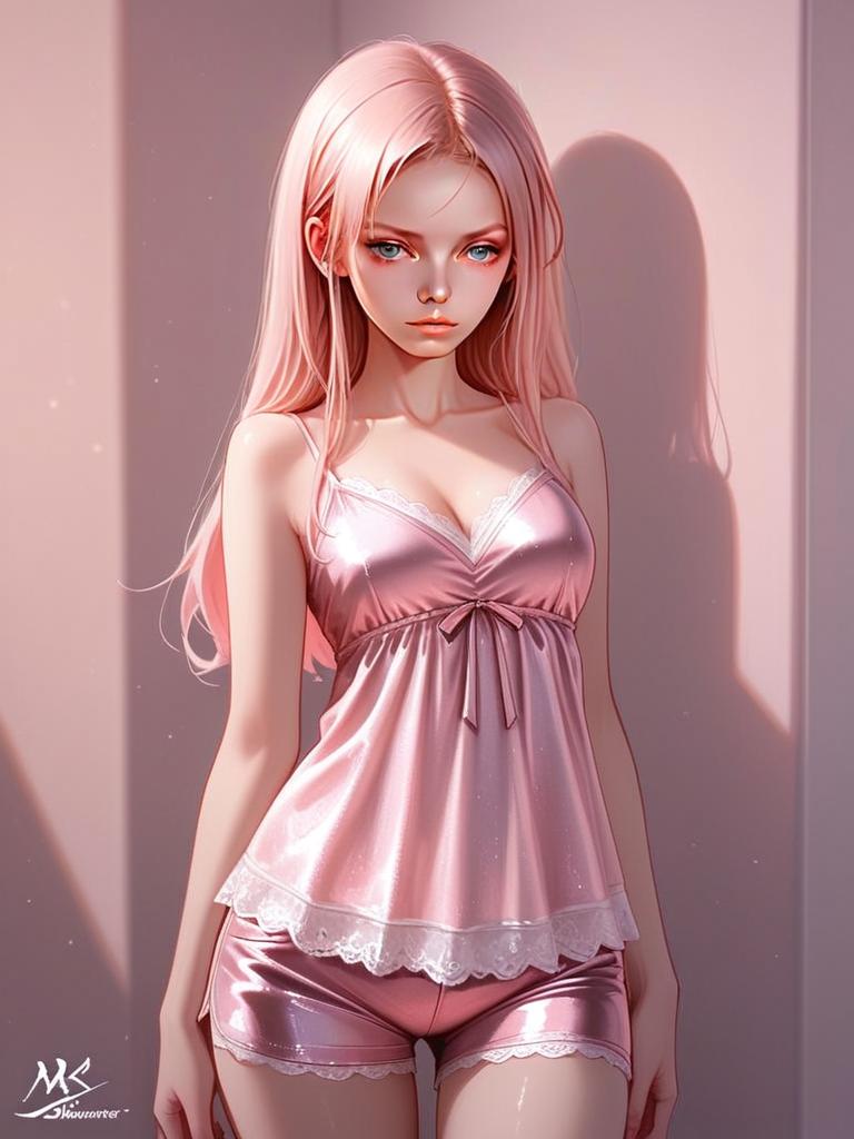 Realistic Digital Art of Woman in Pink Silk Camisole with Adjustable Lace Straps