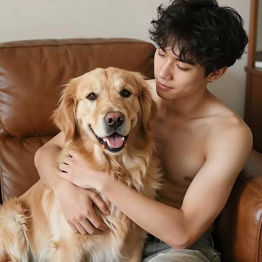Shirtless Young Man Hugging Golden Retriever on Sofa